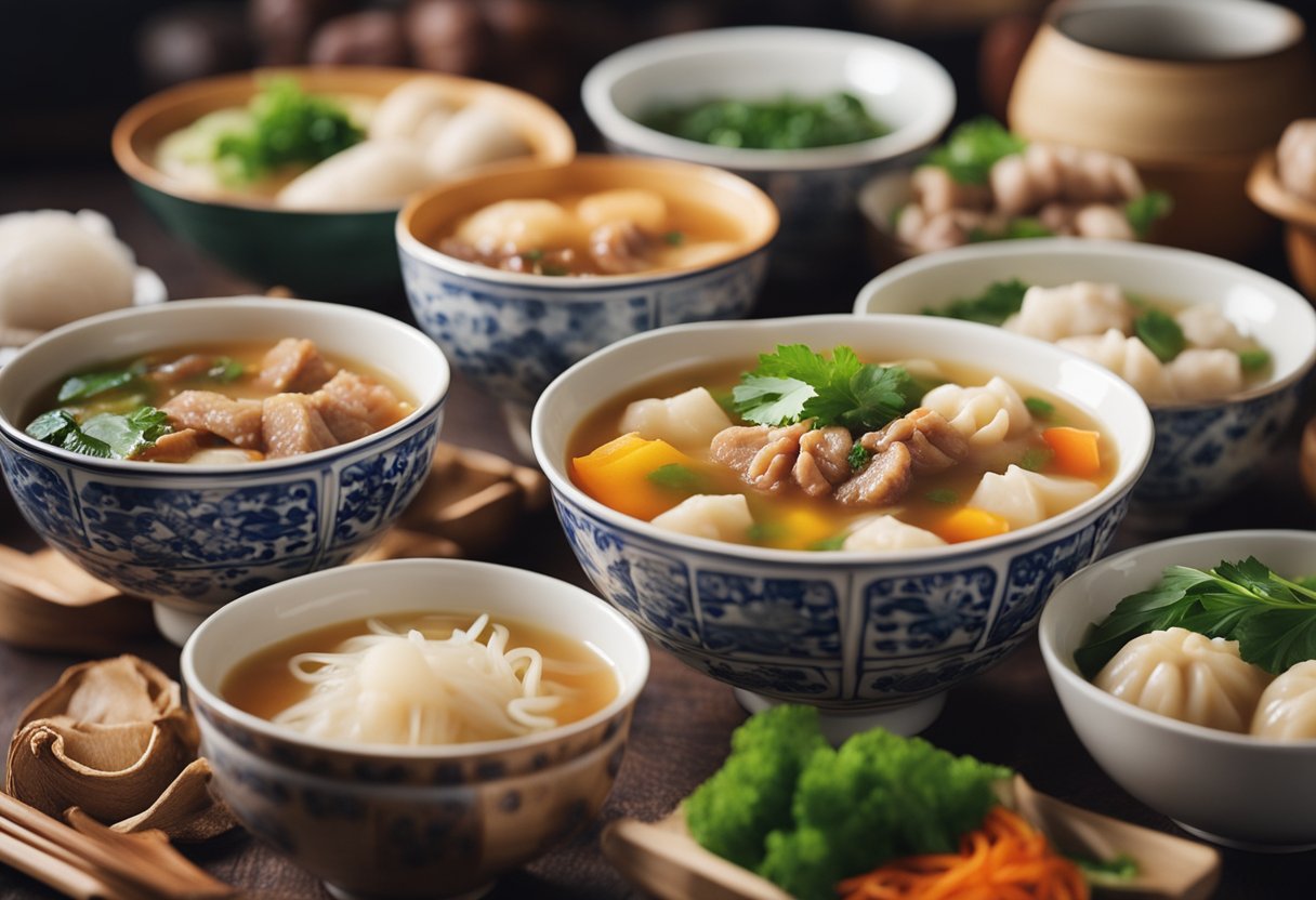 A table filled with colorful bowls of traditional Chinese New Year soup from different regions. Ingredients like dumplings, noodles, and various meats are visible in the steaming broth