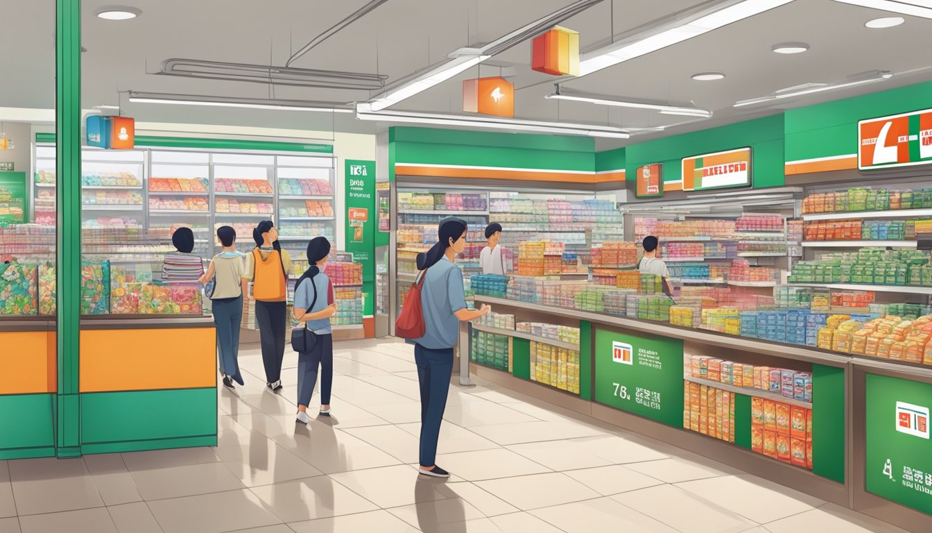 A 7-Eleven store in Singapore, with a prominent sign advertising the sale of stamps. Customers browsing the aisles or making purchases at the counter