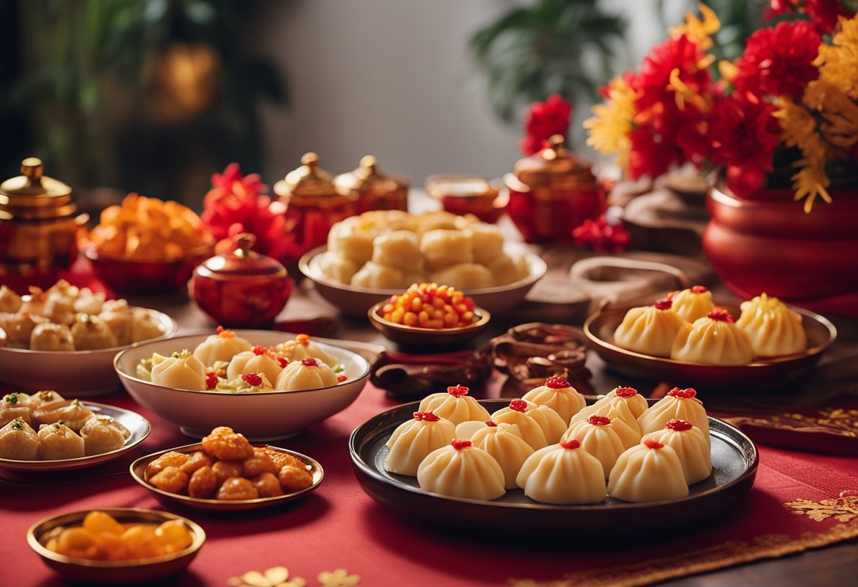 A table adorned with vibrant red and gold decorations showcases a spread of traditional Chinese New Year recipes, including steamed dumplings, sweet rice cakes, and candied fruits