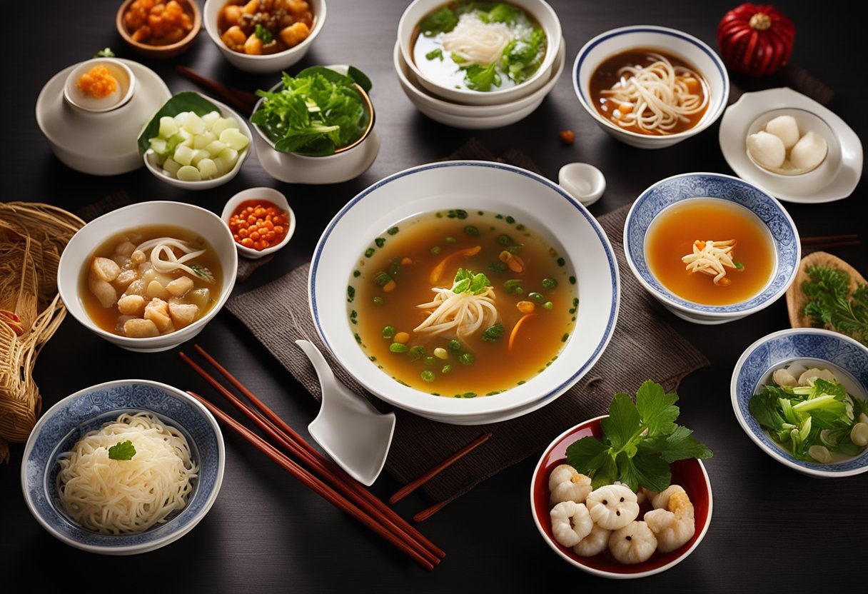 A table set with various traditional Chinese soups, surrounded by festive decorations for the Chinese New Year. Bowls of steaming soup with colorful ingredients