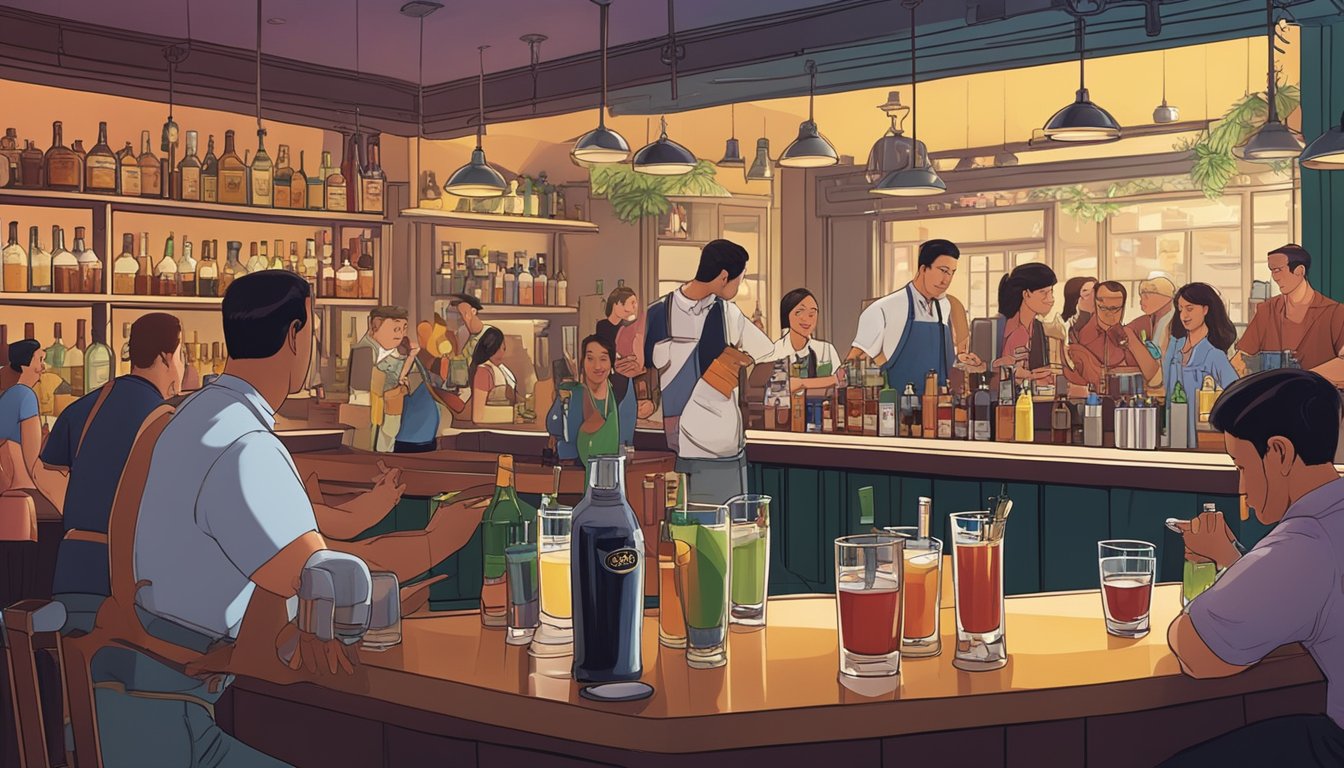 A bustling bar scene with a bartender mixing ingredients to create a Singapore Sling cocktail. Patrons chat and enjoy drinks in the background