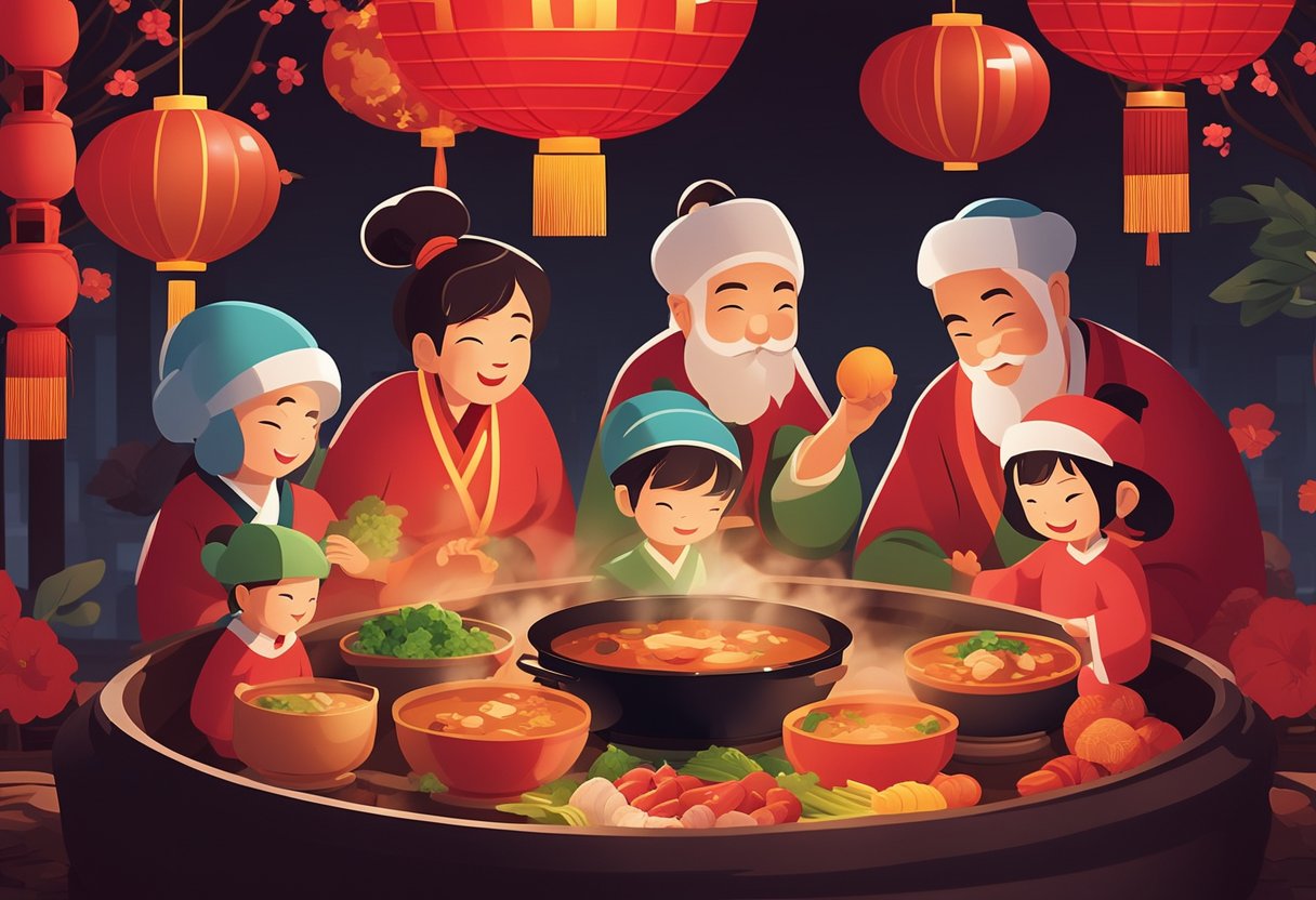 A family gathers around a steaming pot of traditional Chinese New Year soup, filled with rich broth, tender meat, and vibrant vegetables. Red lanterns hang in the background, casting a warm glow over the festive scene