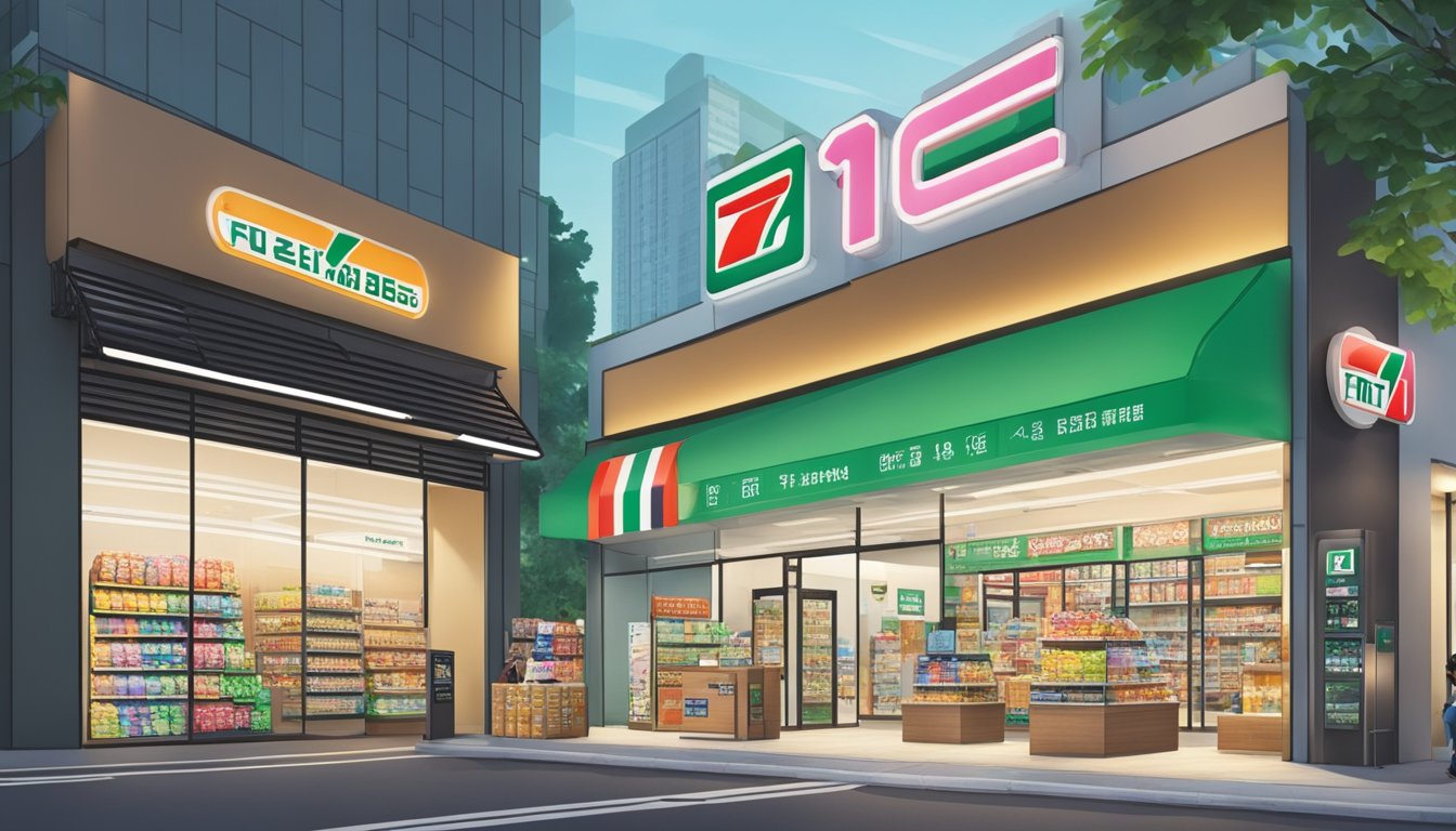 A 7-11 store in Singapore with a prominent sign displaying "Frequently Asked Questions: where to buy stamps" near the entrance