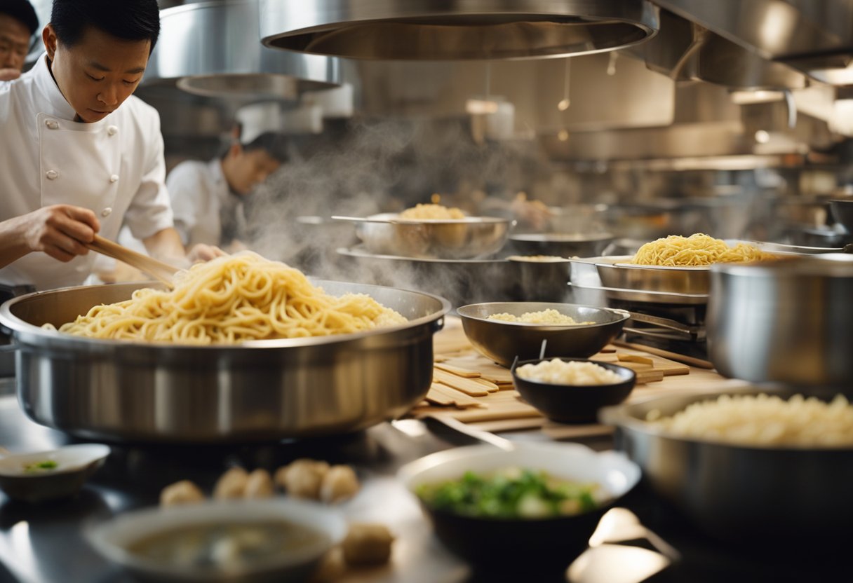 Regional Chinese New Year dishes being prepared using traditional cooking techniques. Ingredients like dumplings, fish, and noodles are being skillfully prepared in a bustling kitchen