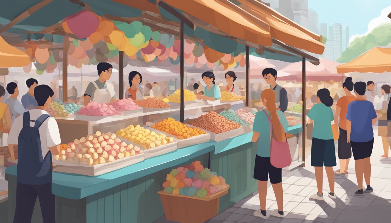 A bustling market stall in Singapore displays colorful meringues in various shapes and flavors, with customers eagerly purchasing the delicate treats