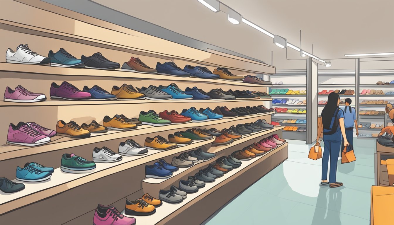 A store in Singapore sells safety shoes. Shelves display various sizes and styles. Shoppers browse the selection