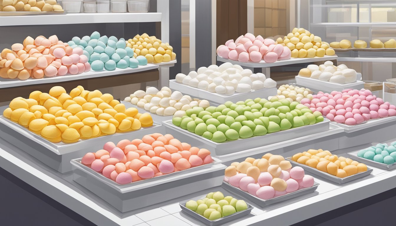 A colorful display of meringue delights, neatly arranged on a pristine white counter in a bustling Singapore market