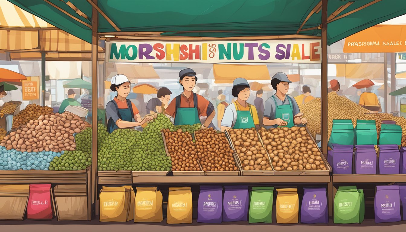 A bustling market stall displays Morish nuts in vibrant packaging, with a sign above reading "Morish Nuts for Sale" in Singapore