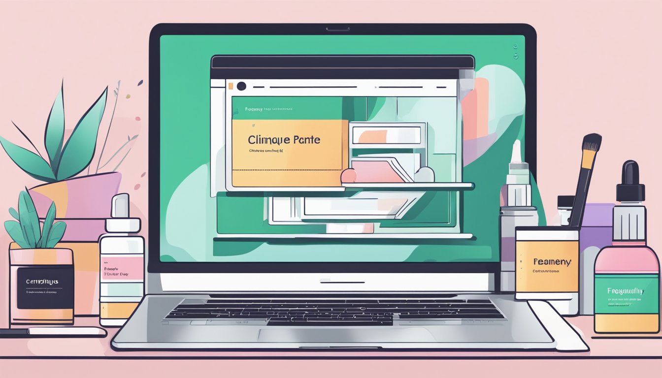A laptop open to a website with "Frequently Asked Questions" about buying Clinique products online, surrounded by a stack of beauty products and a cup of coffee