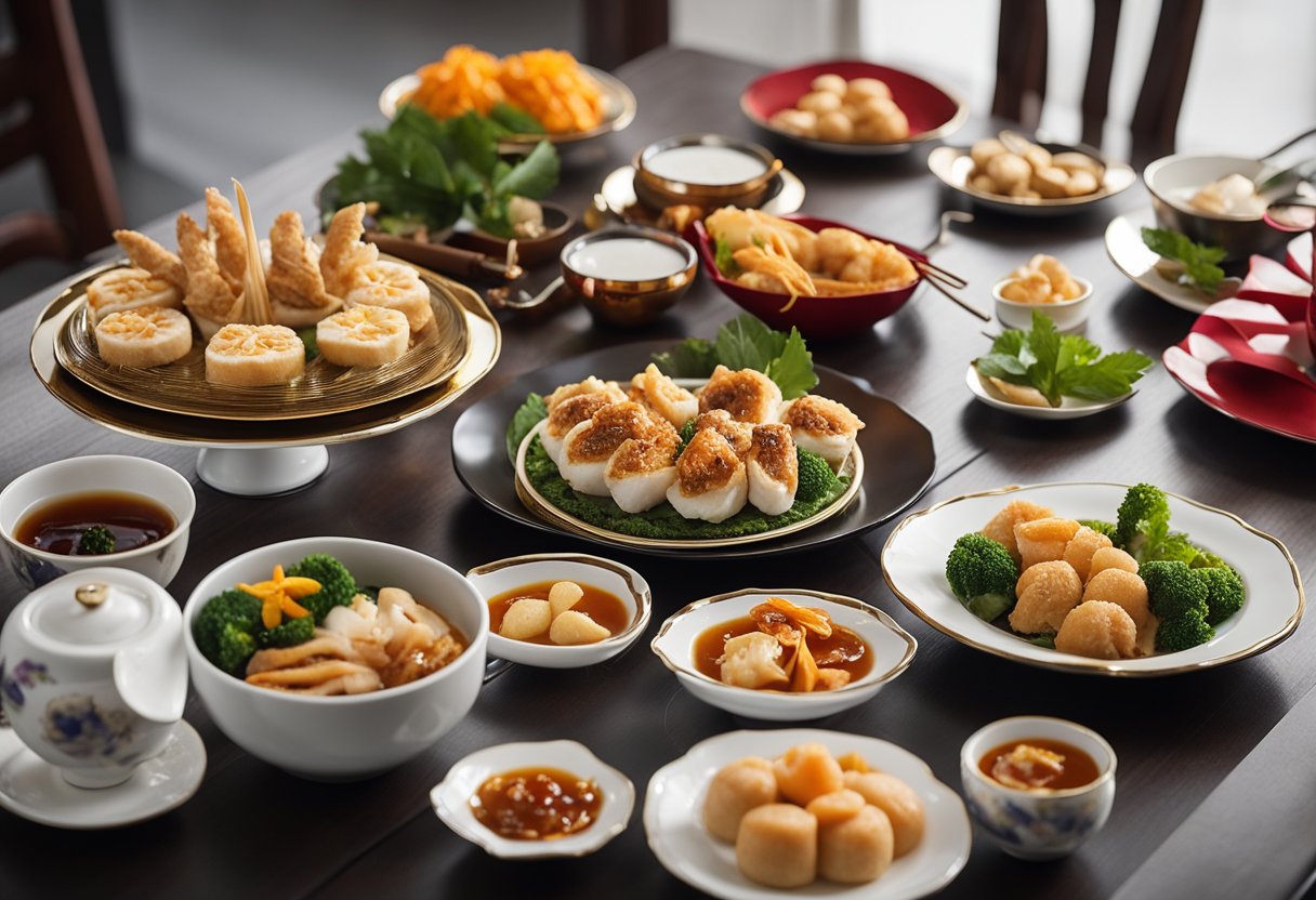 A table set with modernized versions of traditional Chinese New Year dishes, featuring vibrant colors and contemporary plating