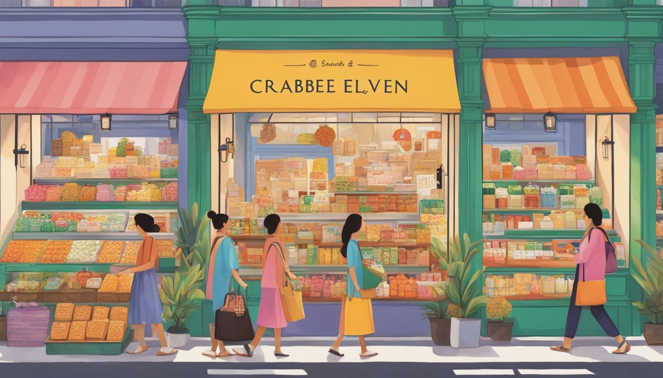 A bustling street market in Singapore showcases a colorful display of Crabtree & Evelyn products, including their famous cookies. Shoppers eagerly browse the selection, drawn in by the enticing scents and vibrant packaging