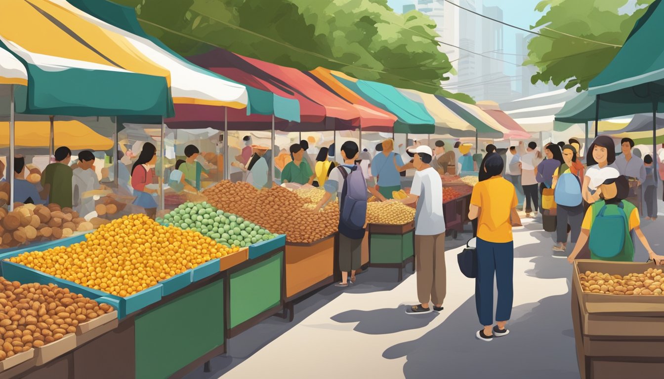 A bustling street market in Singapore showcases a colorful array of Morish Nuts at a vendor's stall. Shoppers eagerly sample and purchase the delicious snacks