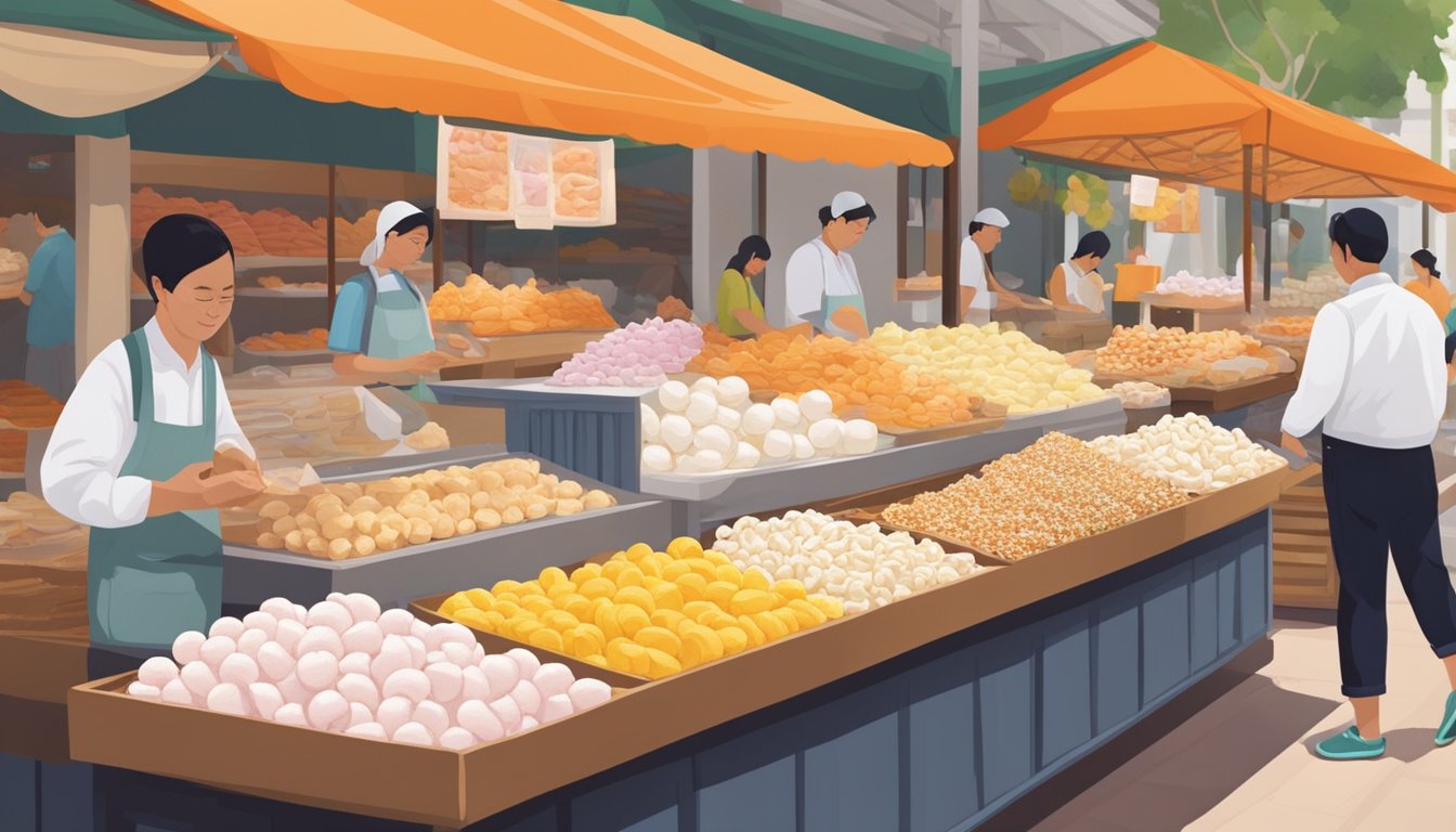 A bustling market stall displays an array of meringue in Singapore, with vibrant colors and delicate shapes, tempting passersby with the promise of a sweet treat