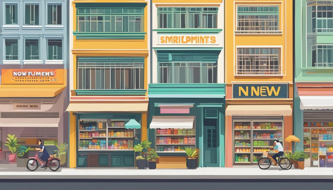 A bustling Singapore street lined with colorful storefronts, featuring a prominent sign advertising "NOW Supplements" in bold lettering