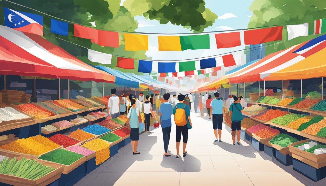 A bustling market stall displays rows of vibrant national flags for sale in Singapore. Bright colors and intricate designs catch the eye of passersby