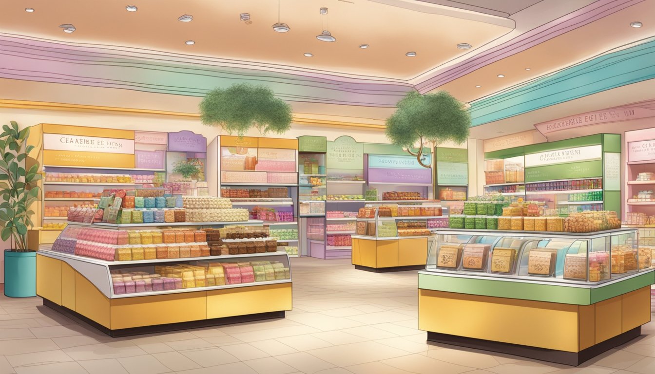 A display of Crabtree & Evelyn's products, including cookies, in a Singaporean store. Bright lighting highlights the colorful packaging and enticing array of treats
