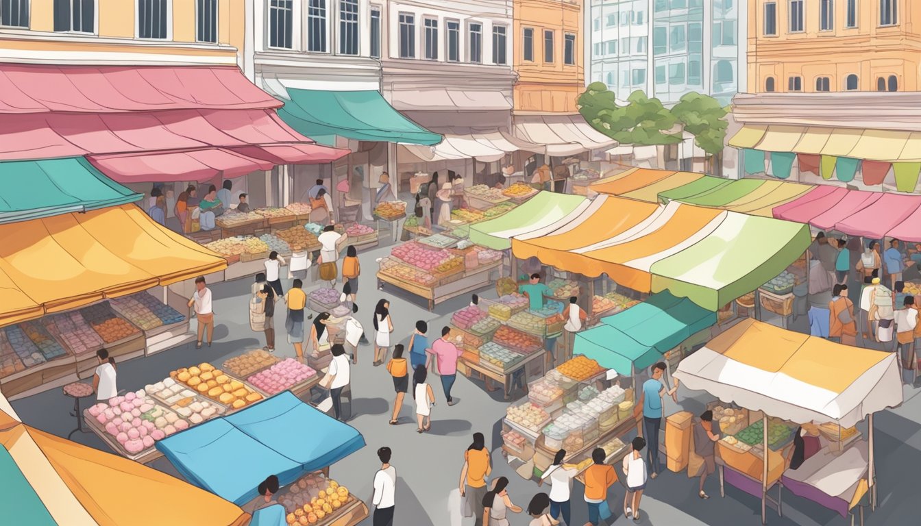 A bustling marketplace with colorful stalls selling meringue in Singapore. Customers browsing and vendors showcasing their sweet treats