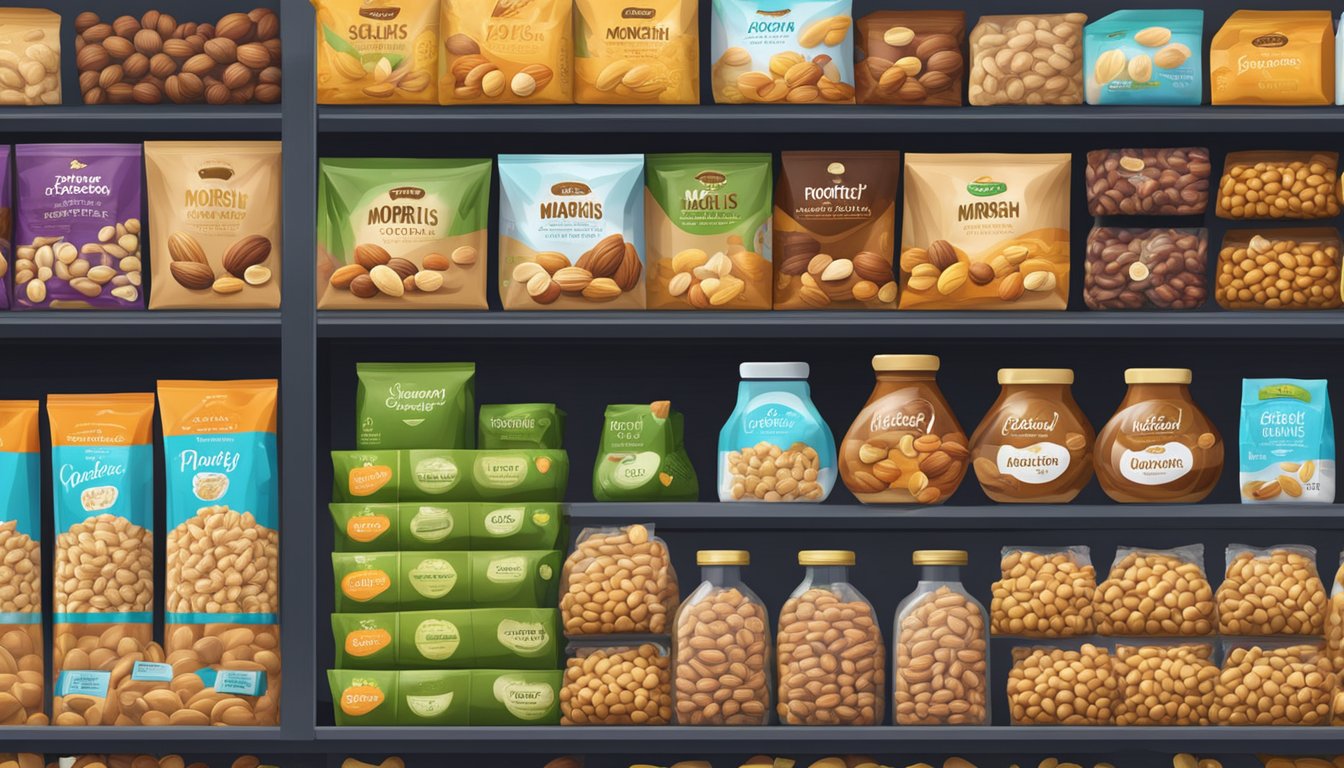 Shelves of a grocery store displaying various packages of Morish nuts in Singapore