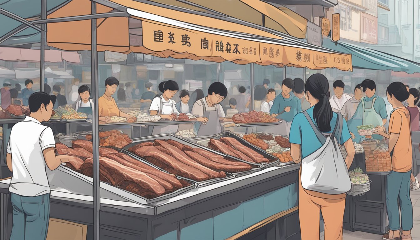A bustling market stall displays fresh baby back ribs in Singapore. Shoppers browse the selection, while the vendor arranges the meat on ice