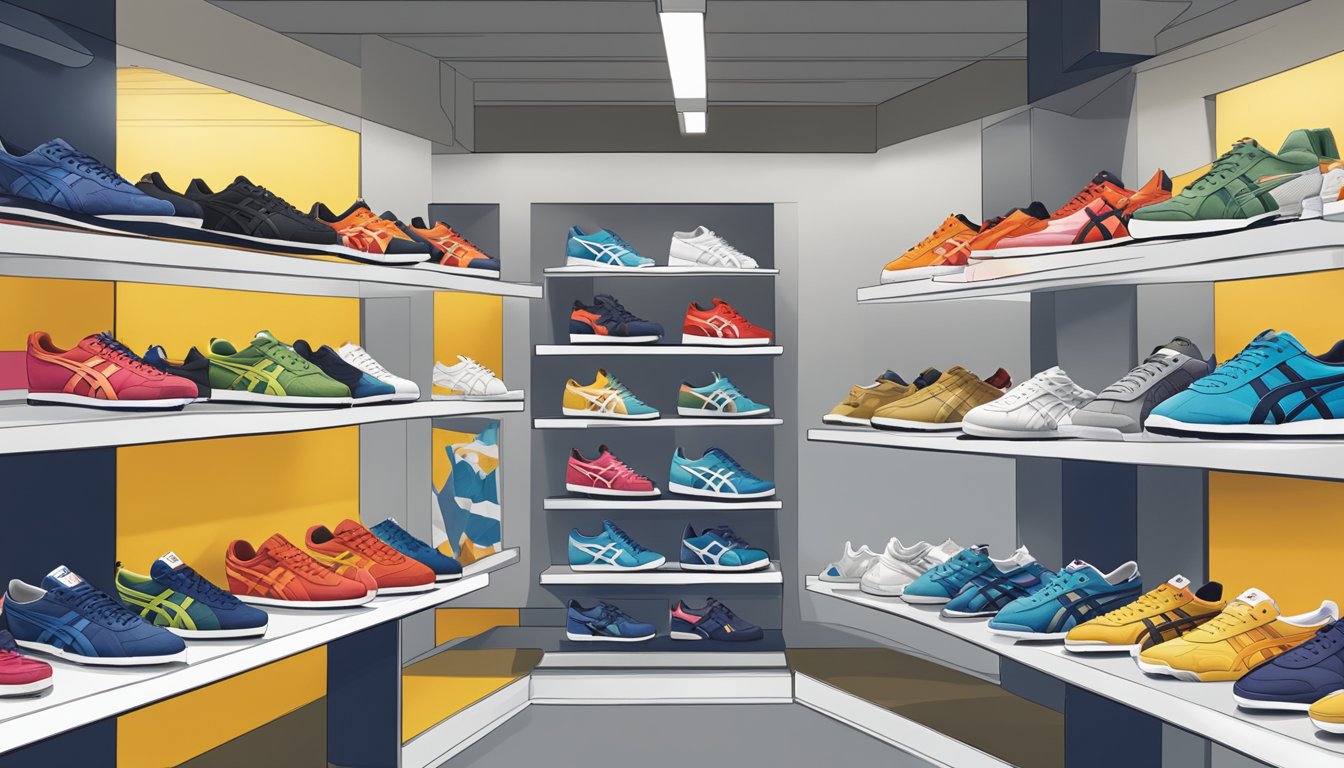 A display of Onitsuka Tiger shoes and apparel in a Singapore store, featuring various styles and colors