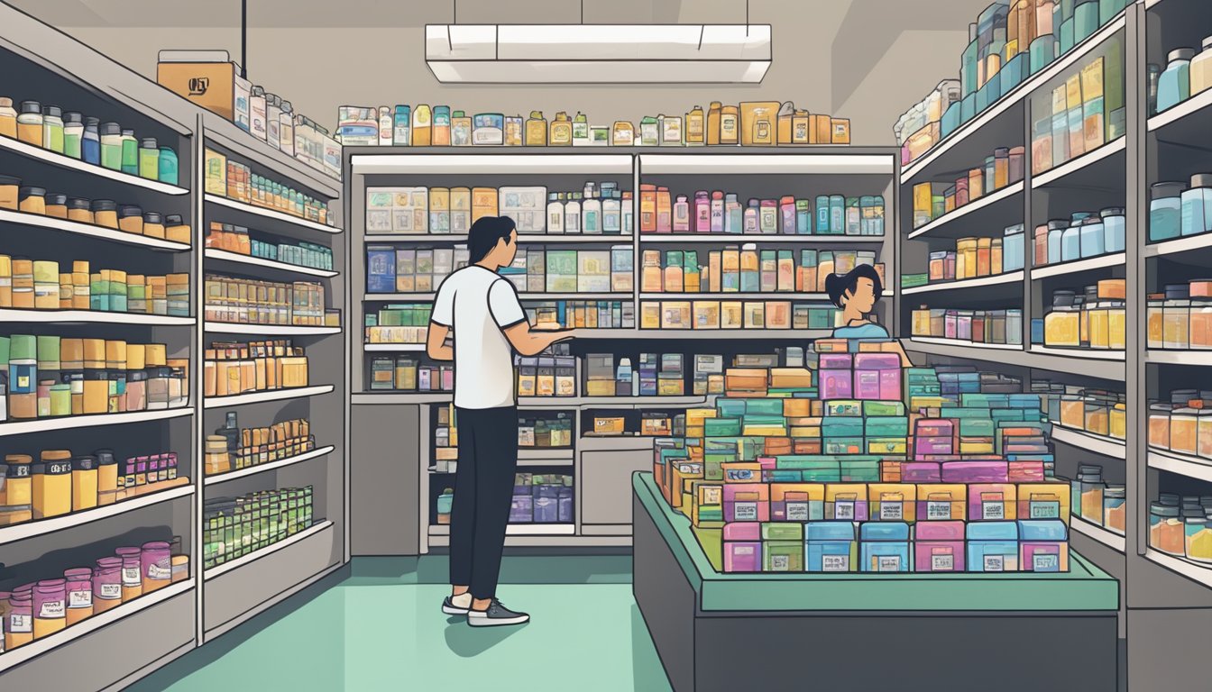 A busy store in Singapore with shelves stocked with Now supplements, customers browsing, and a helpful staff member assisting with purchases