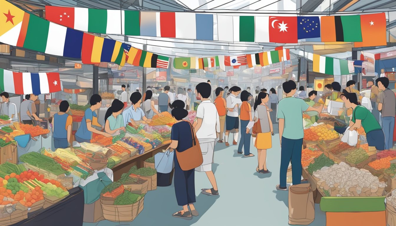 A bustling market stall in Singapore displays a variety of national flags, with customers browsing and making purchases