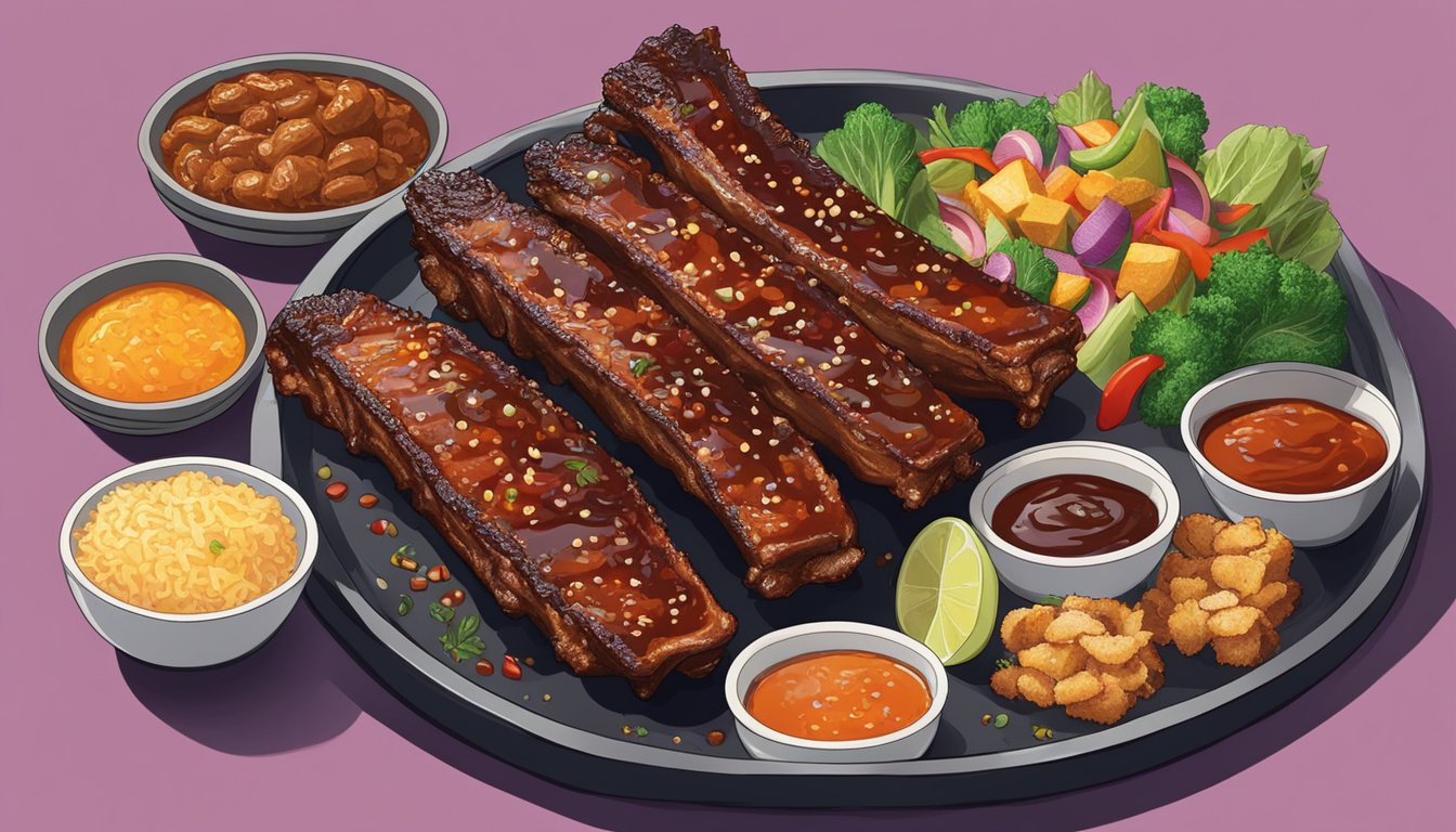 A sizzling platter of baby back ribs, glistening with BBQ sauce, surrounded by vibrant side dishes, set against a backdrop of a bustling Singaporean market