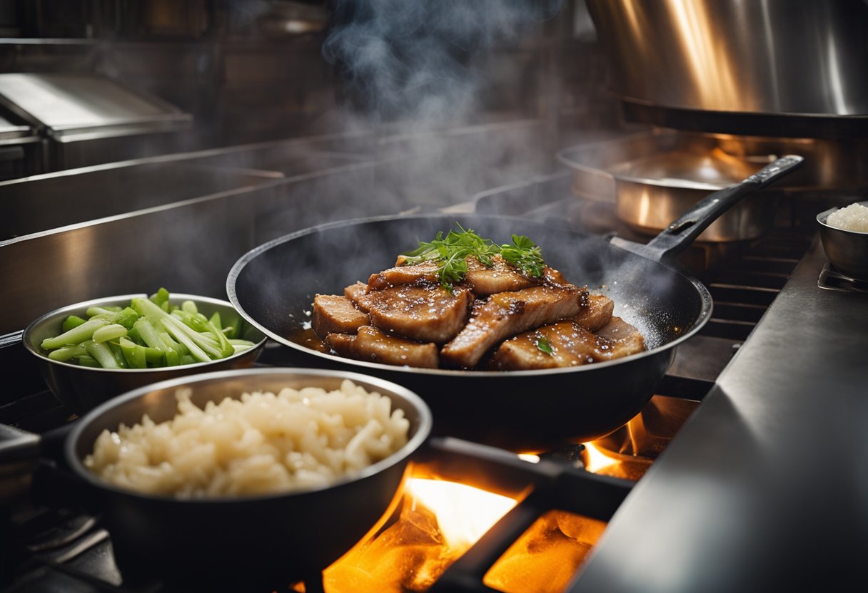A sizzling pork loin cooks in a wok with soy sauce, ginger, and garlic, emitting savory aromas in a bustling Chinese kitchen