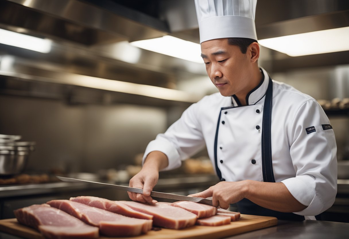 A chef carefully selects a fresh pork loin, wielding a sharp knife to make precise cuts for a traditional Chinese recipe