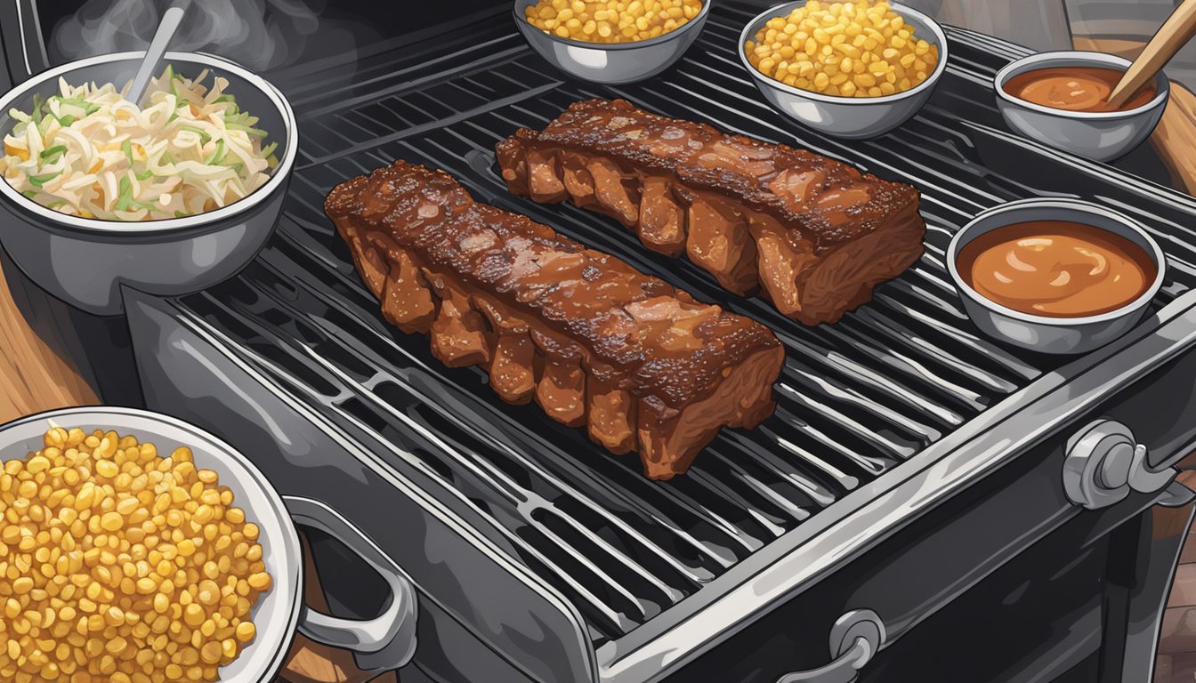 Baby back ribs sizzling on a grill, smoke rising, BBQ sauce being brushed on, with a side of corn and coleslaw
