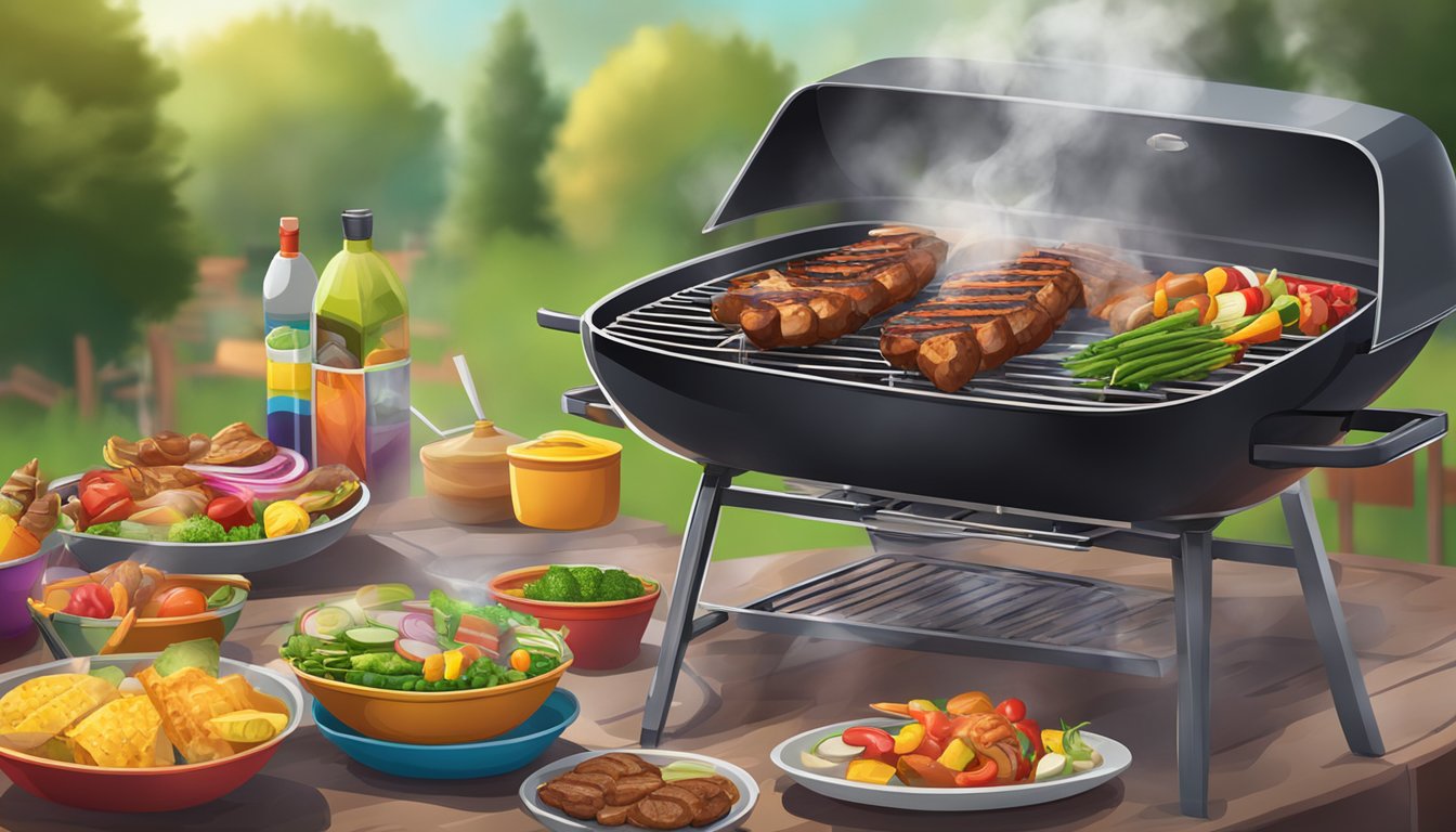 A sizzling BBQ grill surrounded by colorful dishes and condiments, with smoke rising in the air