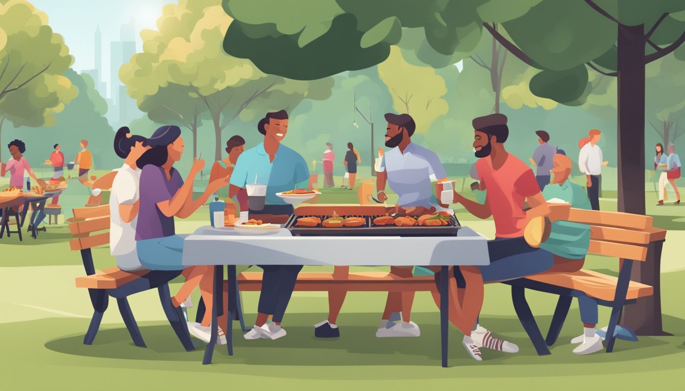 People enjoying BBQ in a park, with smoke rising from the grill and delicious food on the table. Signs advertise "Best BBQ Deals" nearby