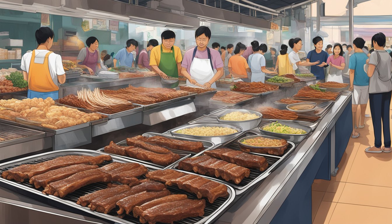 A display of baby back ribs in a Singapore market, with various vendors and customers in the background