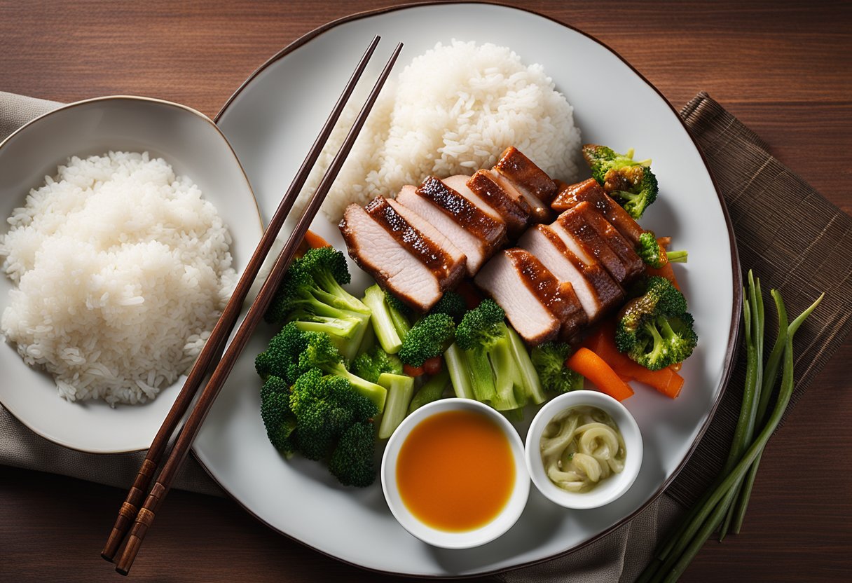 A platter of sliced Chinese pork loin with a side of steamed vegetables and a bowl of white rice. A pair of chopsticks rests on the edge of the plate