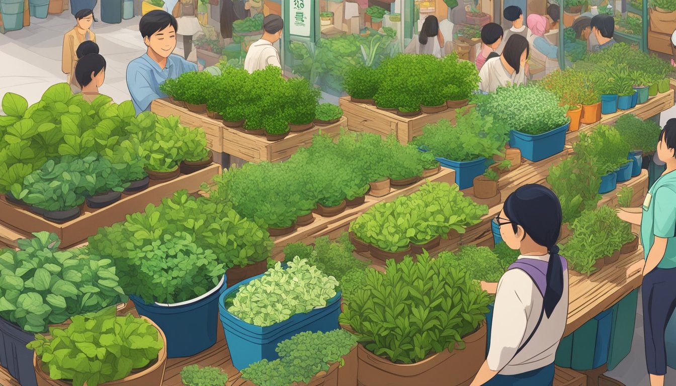 A person purchases potted herbs in a bustling market in Singapore. The vibrant green plants are neatly arranged on a wooden display, with colorful signs indicating their names and prices
