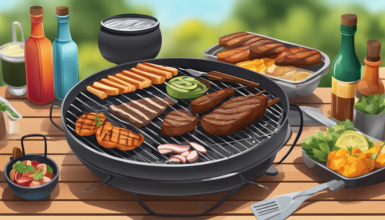 A table with a variety of BBQ essentials, including grilling tools, charcoal, marinades, and sauces, displayed in a vibrant outdoor setting
