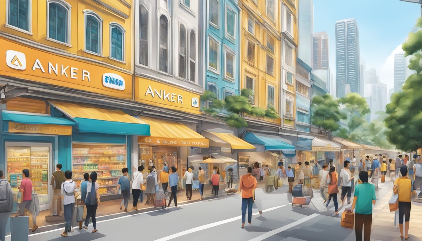 An outdoor street scene in Singapore with a prominent store front displaying "Anker" products, surrounded by bustling crowds and various shops