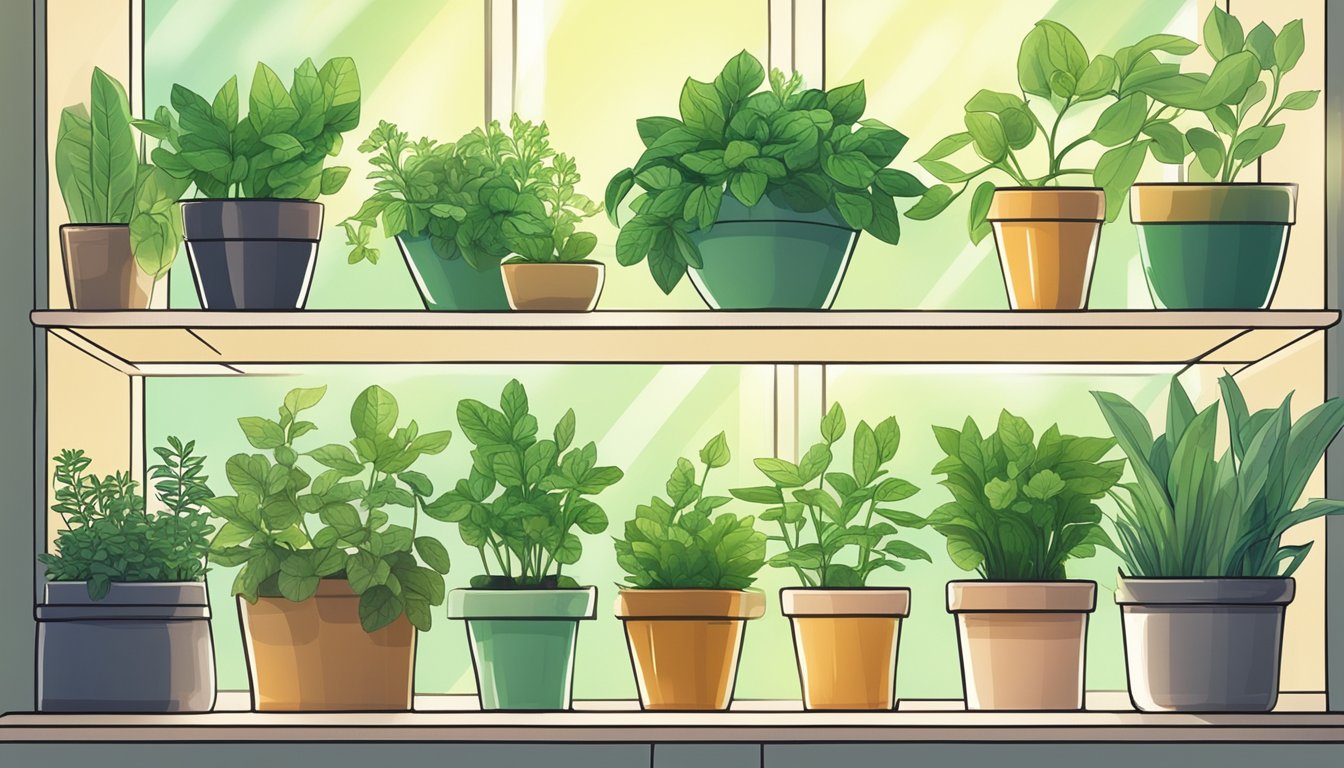 Various potted herbs displayed on shelves, with labels indicating their names and uses. Sunlight filters through the window, casting a warm glow on the vibrant green leaves