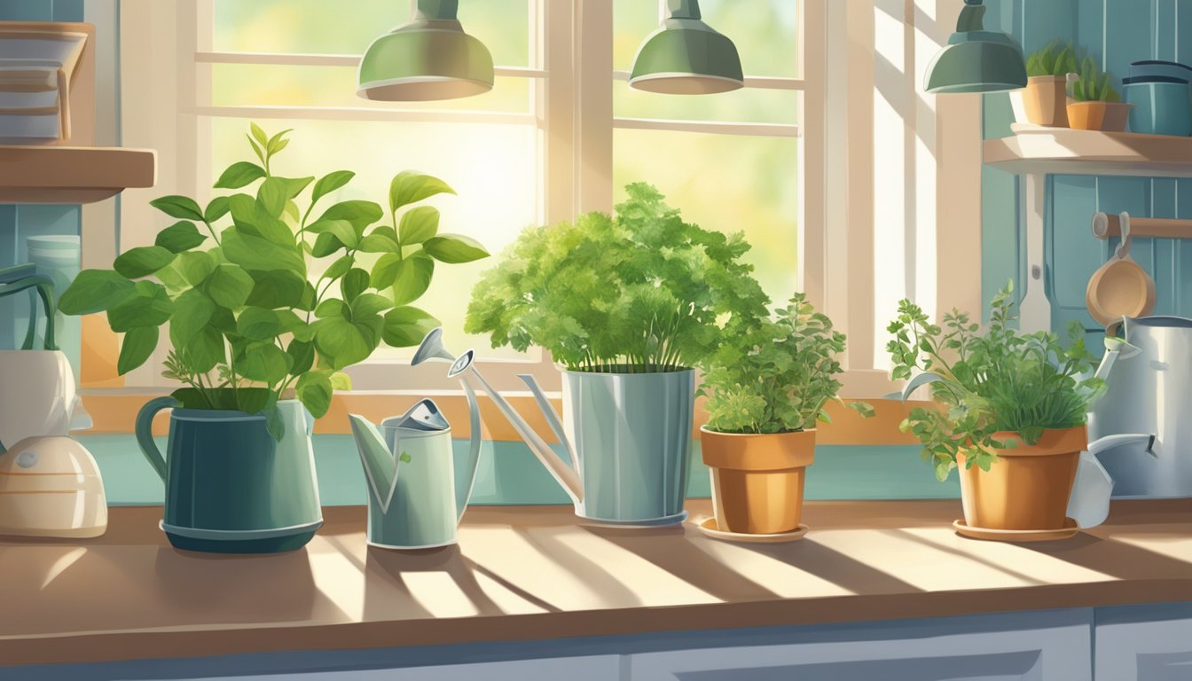 Sunlight streams through the window, illuminating a variety of potted herbs on a kitchen counter. A watering can sits nearby, ready to nourish the thriving plants