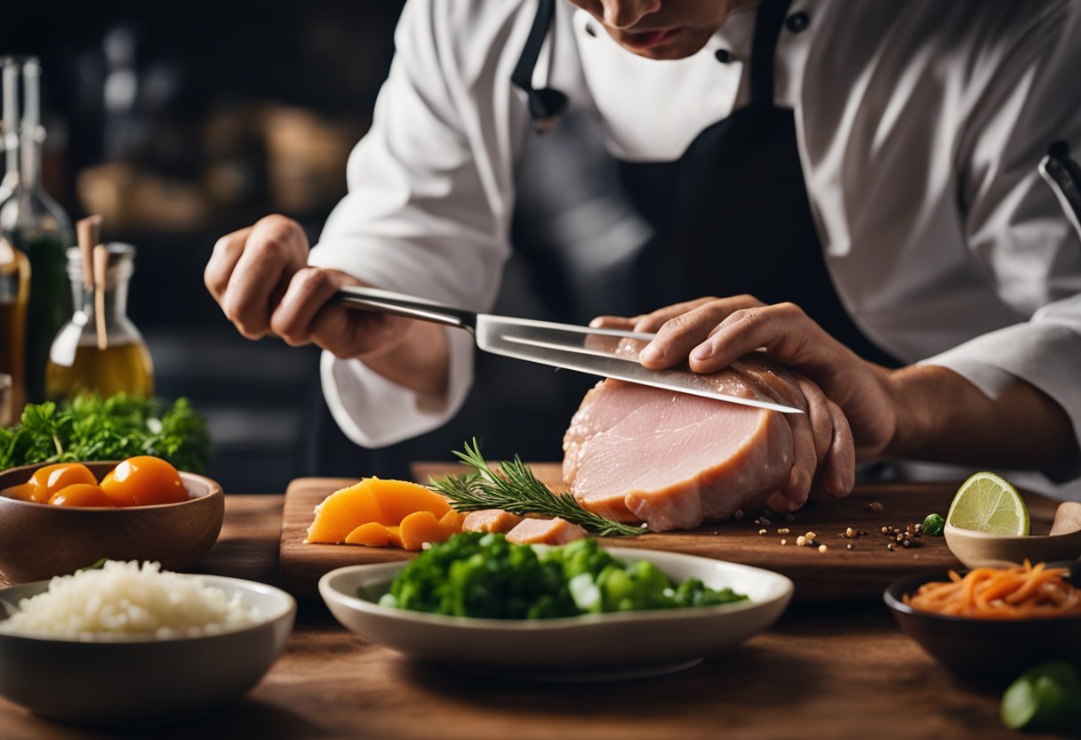 A chef slicing marinated pork loin, surrounded by ingredients and utensils for a Chinese recipe