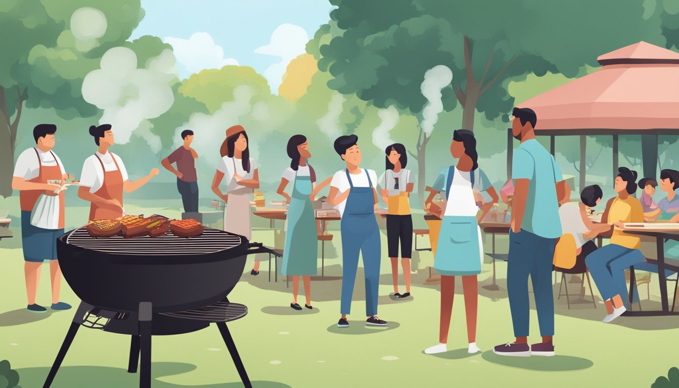 A group of people gathered around a BBQ grill in a park, with smoke rising from the sizzling meat. A sign nearby reads "Frequently Asked Questions buy bbq singapore."