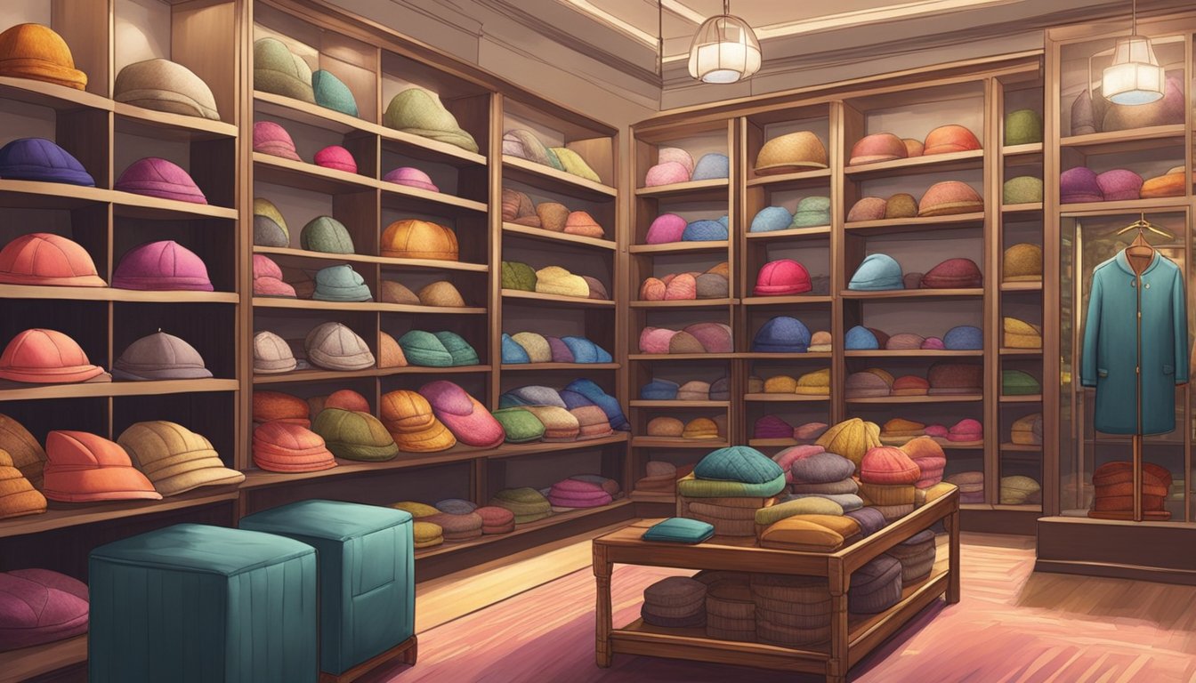 A cozy boutique in Singapore displays a variety of colorful berets on shelves. The warm lighting highlights the soft textures and intricate designs of the berets, creating an inviting atmosphere for shoppers