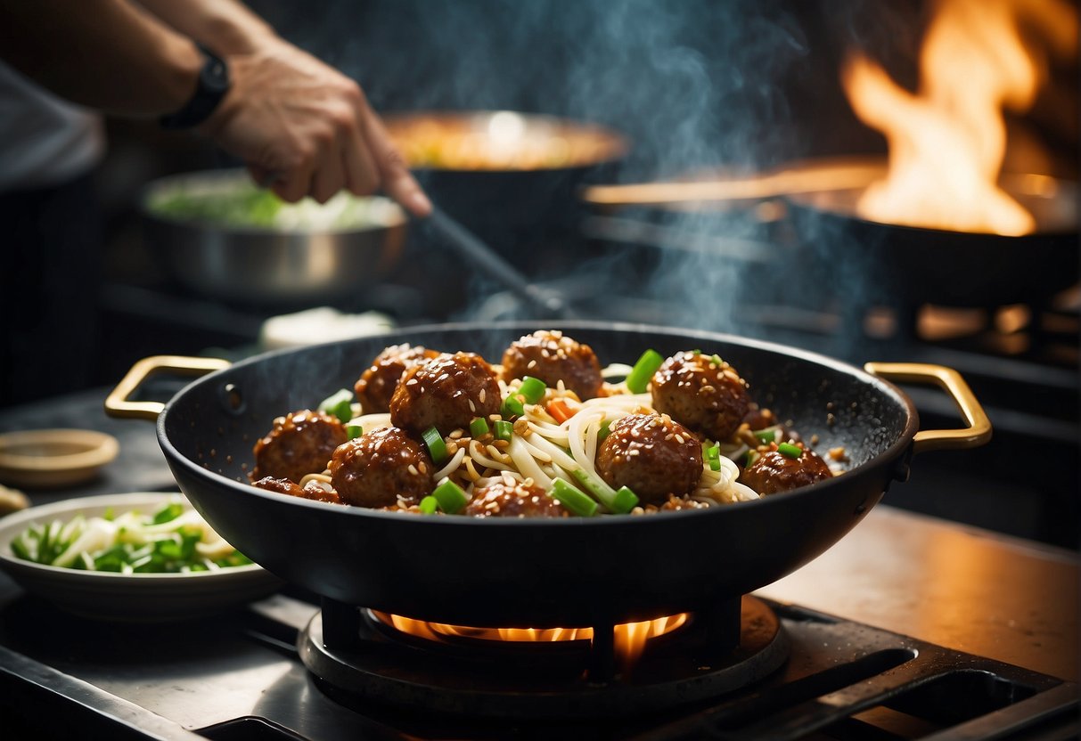 A wok sizzles as pork meatballs are stir-fried with garlic, ginger, and soy sauce. Green onions and sesame seeds garnish the dish