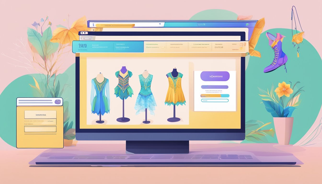 A computer screen with a website showing various dance costumes. A "FAQ" page is visible with questions and answers about buying dance costumes online