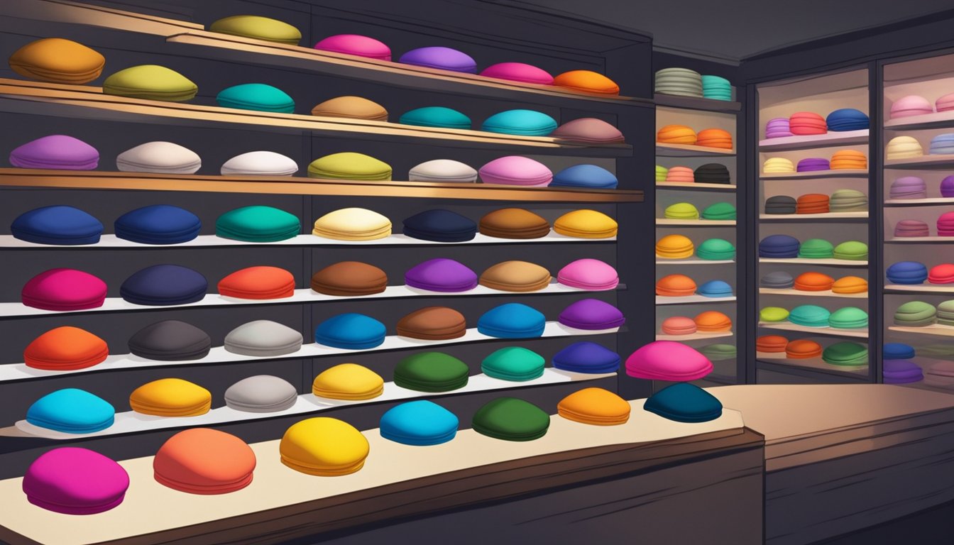 Colorful berets displayed on shelves in boutique shops in Singapore. Bright lighting highlights the variety of styles and textures available for purchase