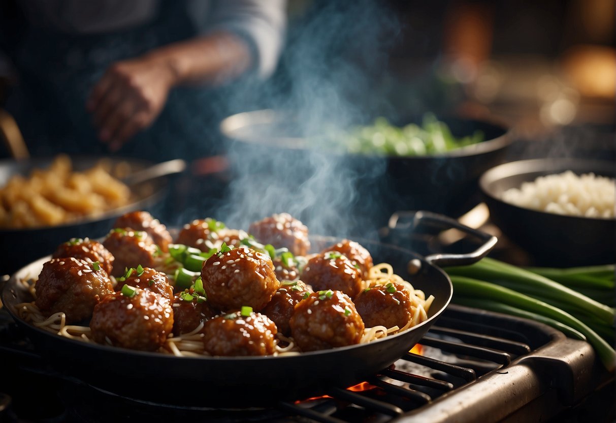 A sizzling wok fries up juicy Chinese pork meatballs, surrounded by aromatic garlic, ginger, and green onions