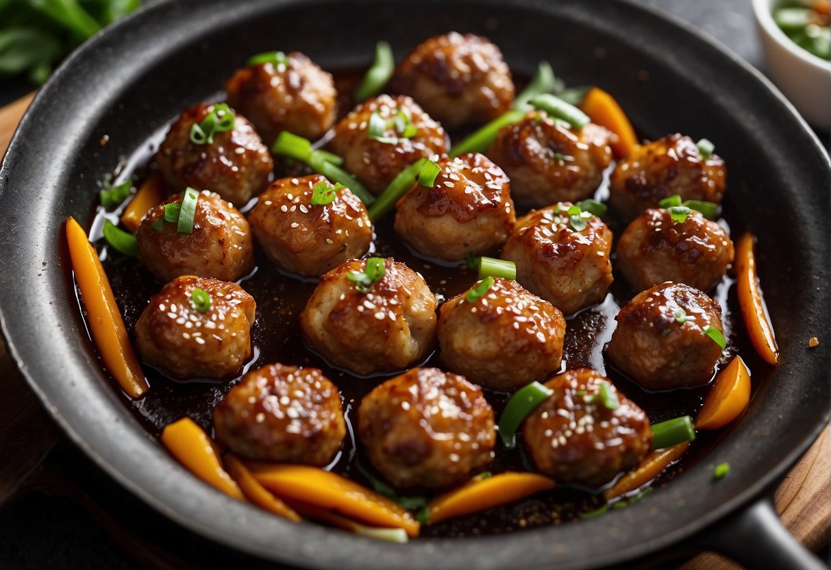 A wok sizzles as pork meatballs fry in fragrant garlic and ginger. Soy sauce, hoisin, and sesame oil add depth to the savory aroma