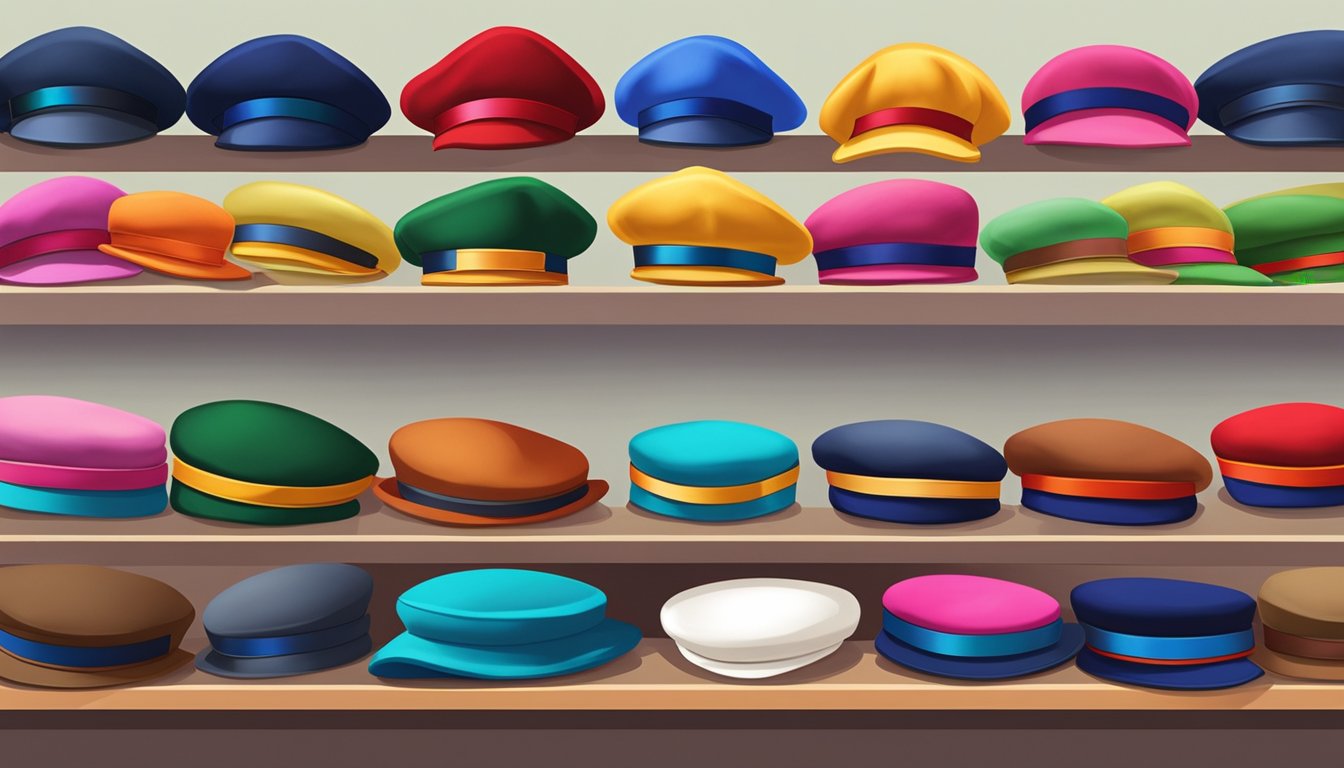A display of colorful berets arranged neatly on shelves in a boutique in Singapore, with a sign indicating "Maximising Your Beret Purchase."