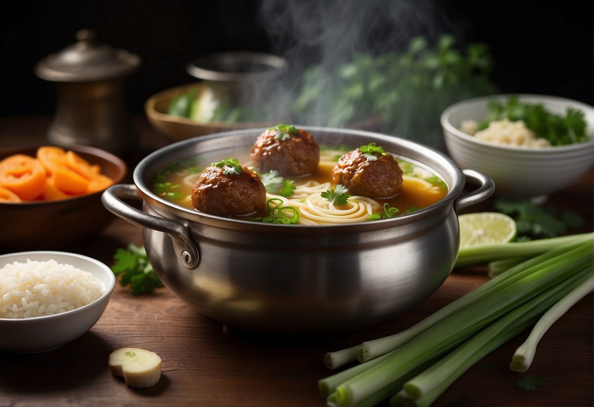 A pot of simmering broth with floating pork meatballs, garnished with green onions and cilantro, surrounded by traditional Chinese soup ingredients