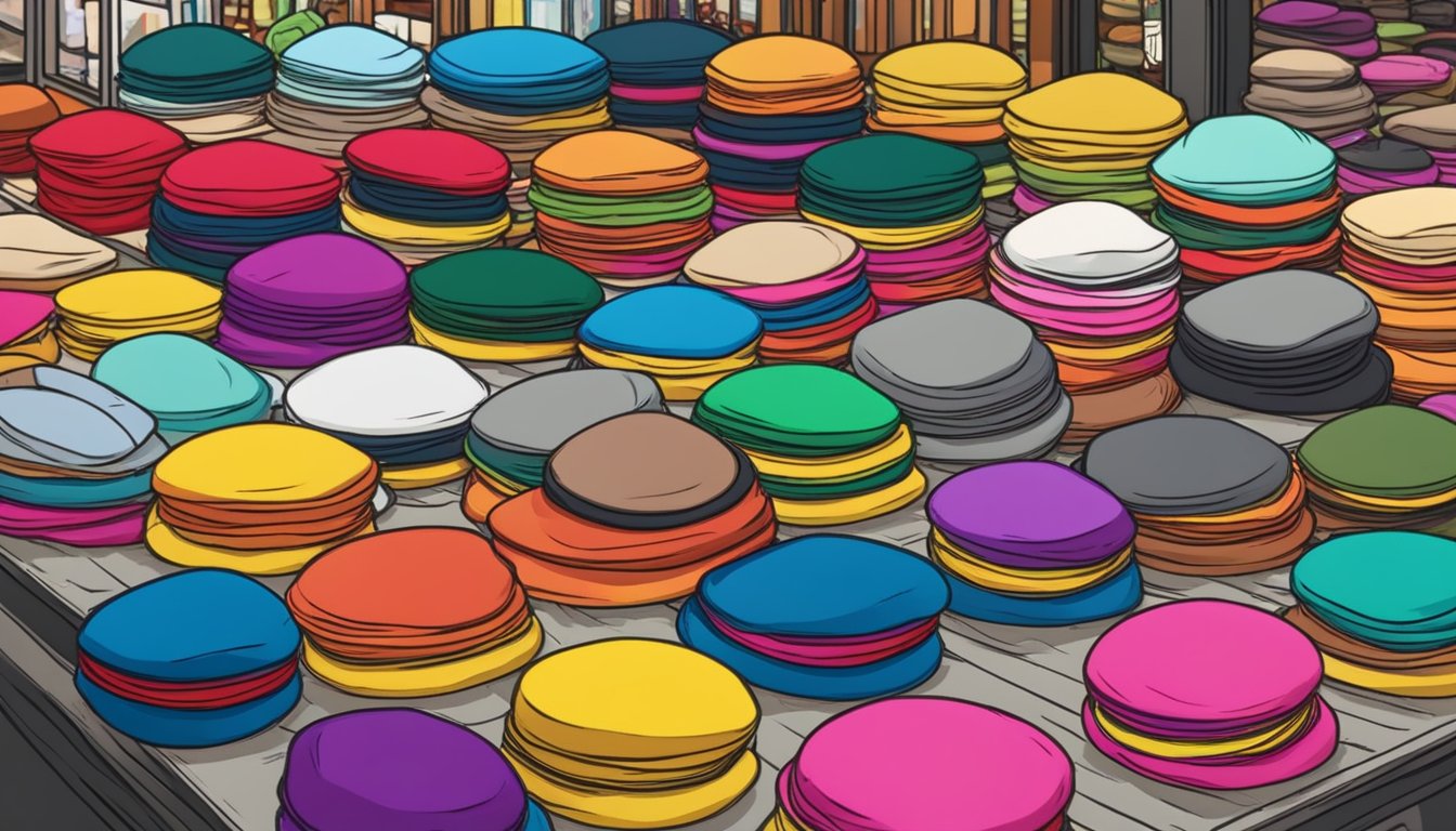 A colorful display of berets at a Singapore market stall, with a sign reading "Frequently Asked Questions: Where to buy beret in Singapore."
